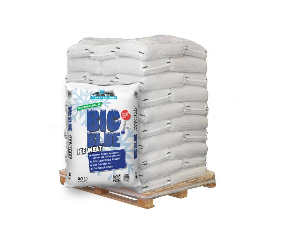 50lb bags of Big Blue Ice Melt rock salt on a pallet, supplied in bulk by a trusted supplie