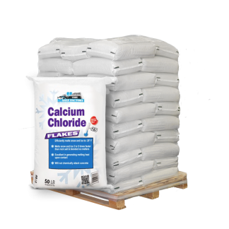 Bulk rock salt supplier offering 50lb bags of Calcium Chloride Flakes rock salt stacked on a pallet