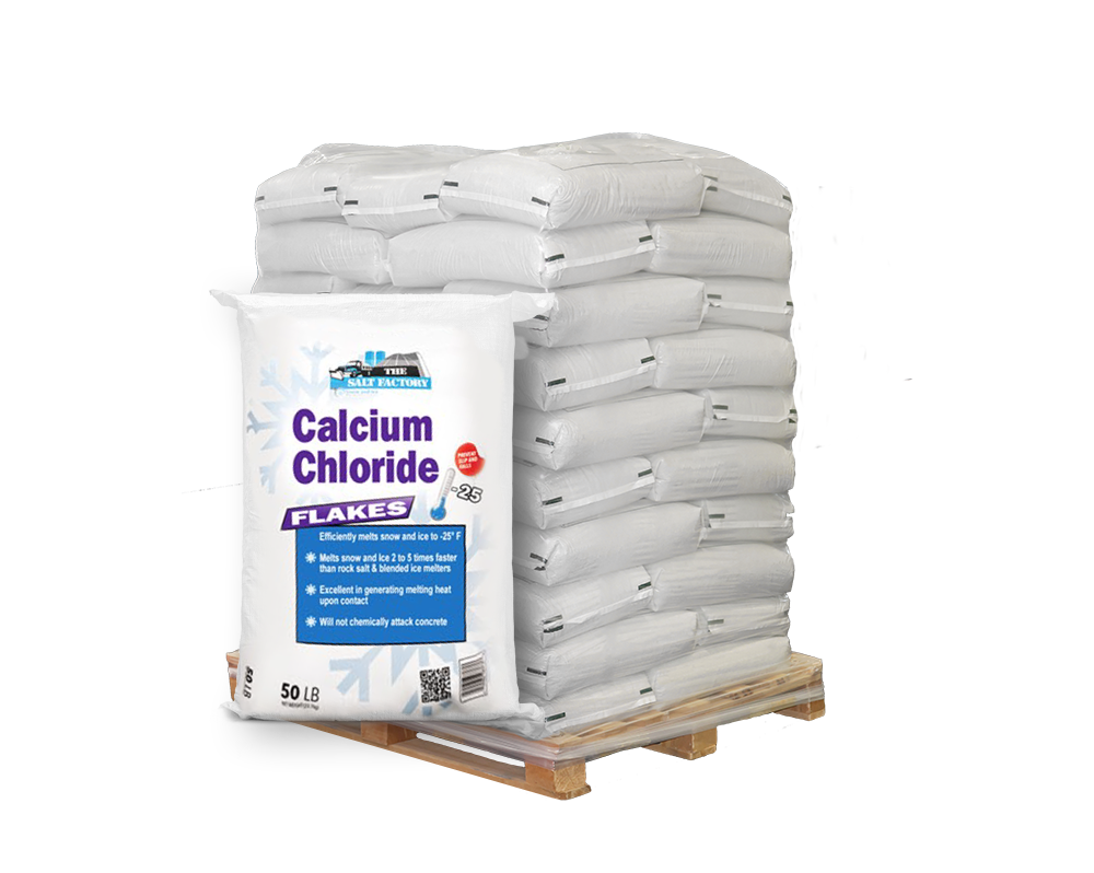 Bulk rock salt supplier offering 50lb bags of Calcium Chloride Flakes rock salt stacked on a pallet