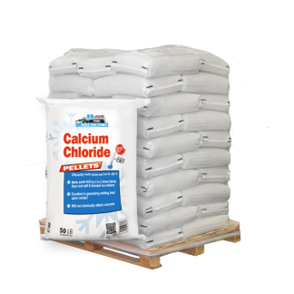 Stack of 50lb Calcium Chloride Pellet rock salt bags on a pallet, sourced from a bulk rock salt supplier