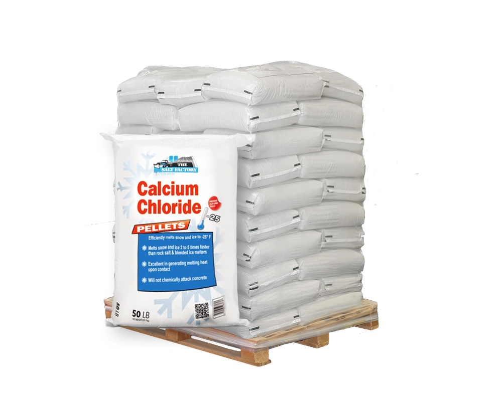 Stack of 50lb Calcium Chloride Pellet rock salt bags on a pallet, sourced from a bulk rock salt supplier