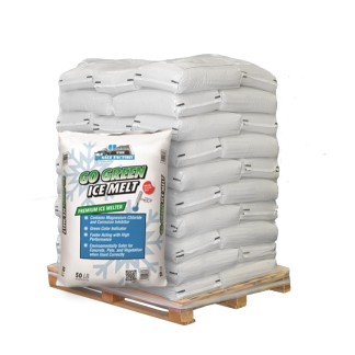 Bulk rock salt supplier offering 50lb bags of Go Green Ice Melt rock salt stacked on a pallet