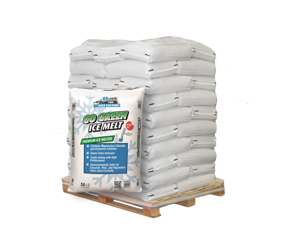 Bulk rock salt supplier offering 50lb bags of Go Green Ice Melt rock salt stacked on a pallet