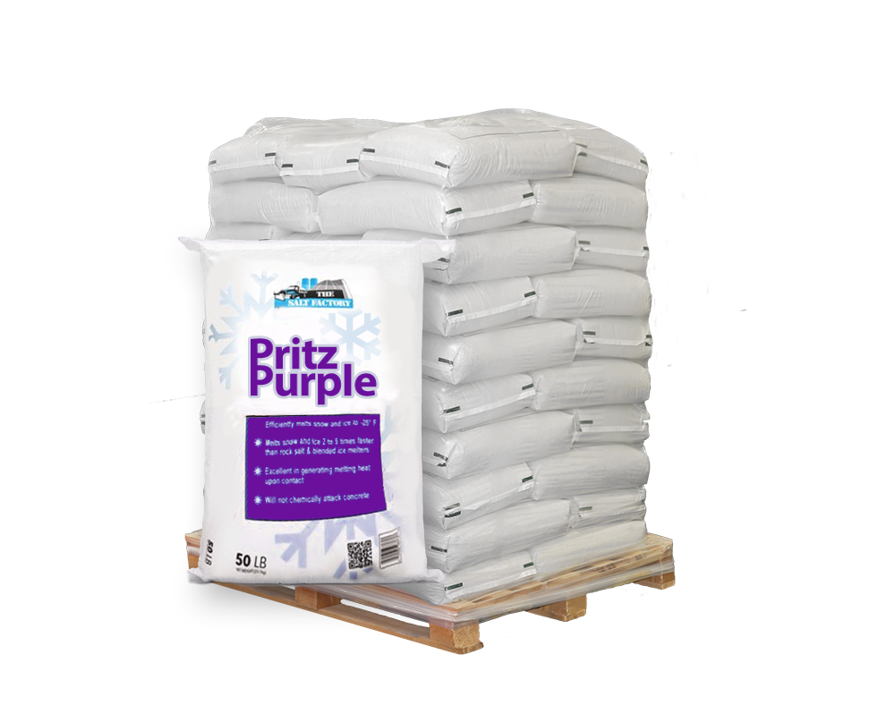 Pallet showcasing 50lb bags of Pritz Purple rock salt, available from a leading bulk rock salt supplier